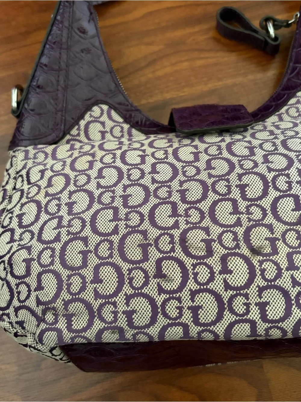 GUESS Vintage Y2K Hobo Baguette Monogram Purple Shoulder Bag Rare 2000s USA Cute